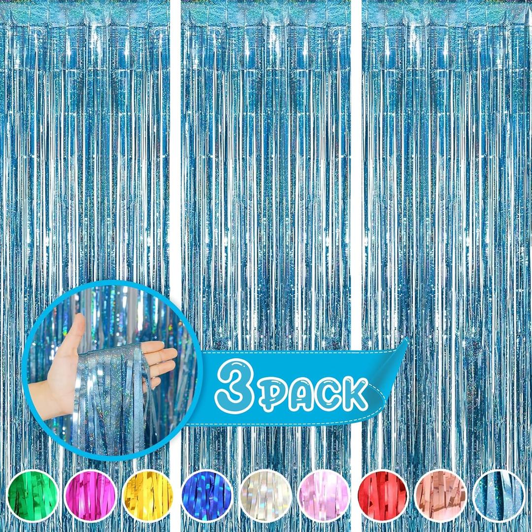 Blue Streamers for Party Decorations - 3 Pack 3.3ft x 8.3ft Tinsel Curtains for Bluey Birthday and Winter Wonderland Occasions