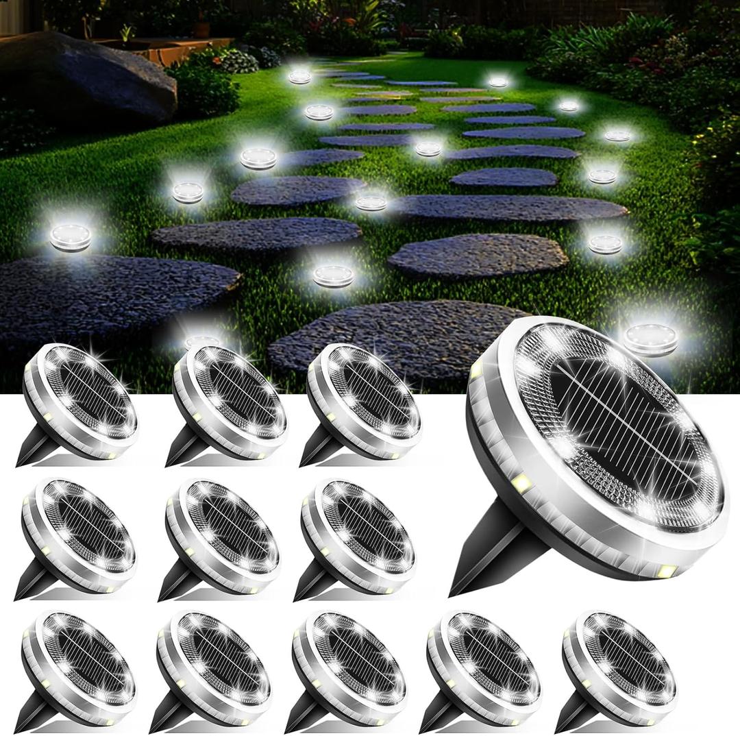 Solar Ground Lights Outdoor 12 Pack Waterproof, Upgraded Solar Garden Lights with 4 Side Light, Stainless Steel Solar Powered Disc Landscape Light for Walkway Pathway Lawn Yard Patio Deck-Cool White