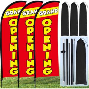 Buryeah 3 Sets Grand Opening Feather Flag Pole Kit 7ft Grand Opening Swooper Flags Banners Advertising Sign Pole Kit Ground Stake and Portable Bag for Retail Store Outside Business Advertising(Red)