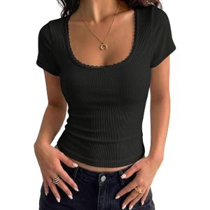 PRETTYGARDEN Women's Short Sleeve Tops 2026 Summer Lace Trim Square Neck Slim Fitted Going Out Basic Tee Shirts Y2K Clothes L