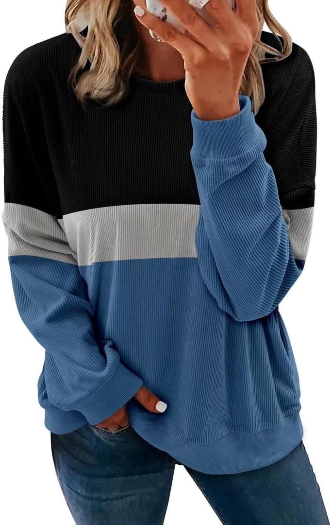 KISSMODA Womens Casual Long Sleeve Sweatshirts Color Block/Solid Tops Corduroy Crewneck Tunic Pullover with Pockets (Black, L)