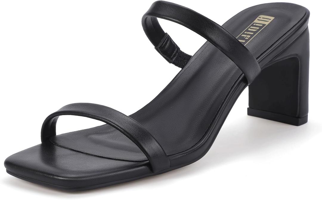 IDIFU IN3 Chunky Heels For Women Low Block Square Open Toe Heels Two Strap Slip On Comfortable Slides Heeled Sandals Sexy Wedding Prom Party Dress Shoes Cute Mule Short Heels (7.5, Black Pu)