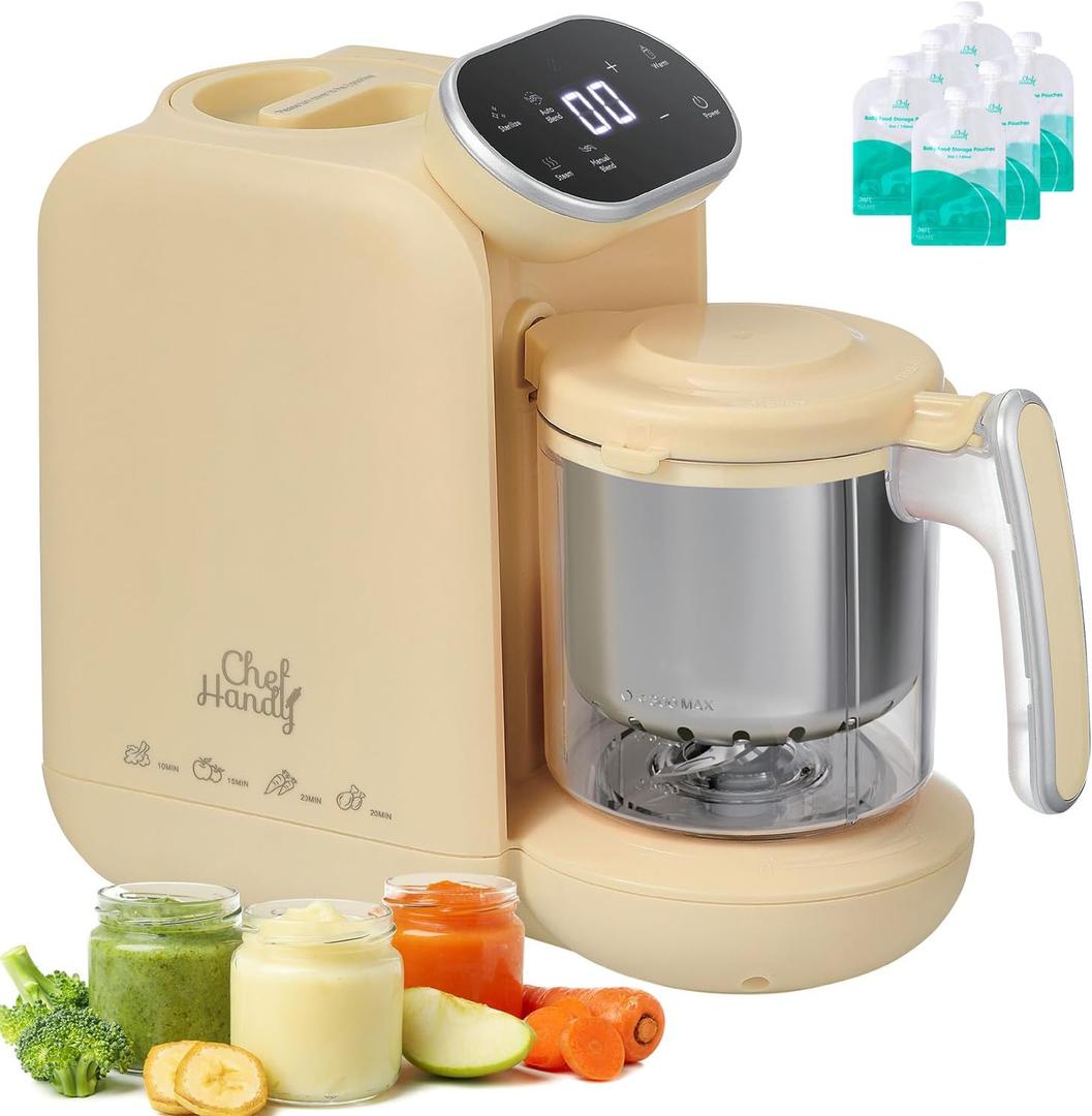 Chefhandy Baby Food Maker, Steamer & Blender with Stainless Steel Basket, Puree Maker with Auto/Manual Blend, Bottle Warmer & Sterili-zer, Safe & Easy-to-Clean Compact Baby Food Processor (Yellow)