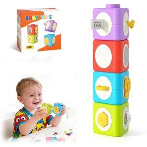 Activity Cubes & Stacking Toy Blocks Set of 4,12-in-1 Montessori Toys for 1-2 Years Old,Educational Activities Sensory Travel Toys for Airplane & Car, Perfect Birthday for Toddlers