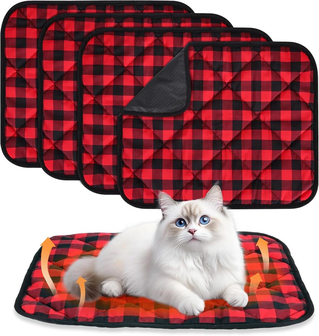 4 Pack Self Warming Cat Beds, 18" x 24"Self Heating Pad with Christmas Red Buffalo Plaid, Thermal Pet Blanket with Non-Slip Bottom, Self Warm Cat Mat for Indoor Outdoor, Reflects Body Heat