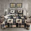 Lodge Bedspread Set King Size Rustic Cabin Quilt Set Deer Bedding Sets Lightweight Coverlet Reversible Bedspreads Elk Moose Printed Bedcover Dark Green Beige Plaid Patchwork Bedding Country Decor