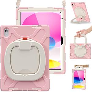 BRAECN Case for iPad (A16) 11th/10th Generation 11”/10.9'' 2025/2022-Shockproof Silicone Cover w/Pencil Holder/360°Swivel Ring Stand/Handle Grip/Kickstand/Shoulder Strap/Screen Protector, Sakura Pink