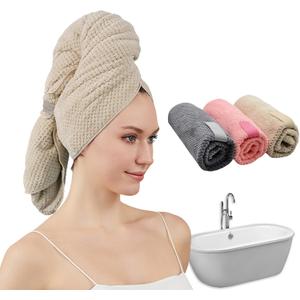 Women Microfiber Hair Towel Wrap with Elastic Strap,Super Absorbent Anti Frizz Drying Turban for Curly, Long,Wet Hair- Beige