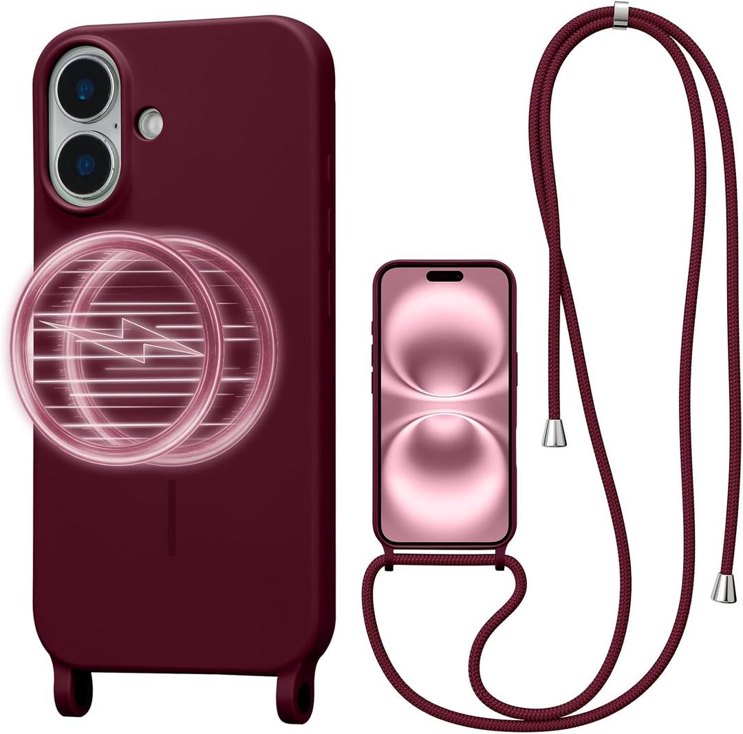 Magnetic Crossbody Case for iPhone 16 6.1", Liquid Silicone Case with Adjustable Shoulder Neck Lanyard Strap,[Compatible with MagSafe] Shockproof Protective Phone Cover-Red