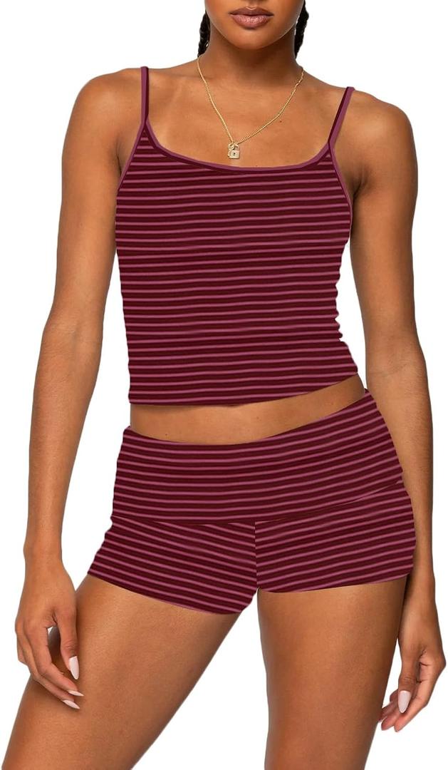RUEWEY Women Y2k Pajama Set Striped Sleeveless Crop Cami Top Lounge Shorts PJS 2 Piece Matching Sleepwear M