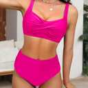 Amy Babe Women's Twist Front Modest Large Bust Swimsuit Padded High Waisted Ruched Bikini Set Two Piece Bathing Suit Rose Red, US Small