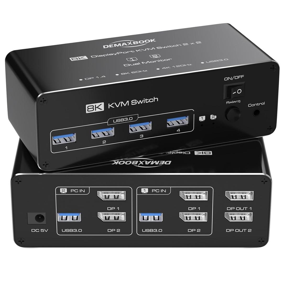 DEMEXBOOK Dual Monitor DisplayPort KVM Switch 2 Monitors 2 Computers 8K@60Hz 4K@144Hz,KVM Switch 2 Computers Share 2 Monitors, 4 USB 3.0 Ports, Supports Extended/Copy Mode with Remote & USB Cables