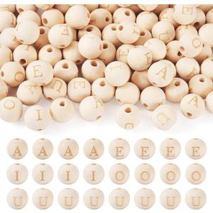 Cheriswelry 100pcs Letter Round Natural Wood Beads 16mm Unfinished Wooden European Large Hole Beads for DIY Craft Bracelet Necklace Jewelry Making