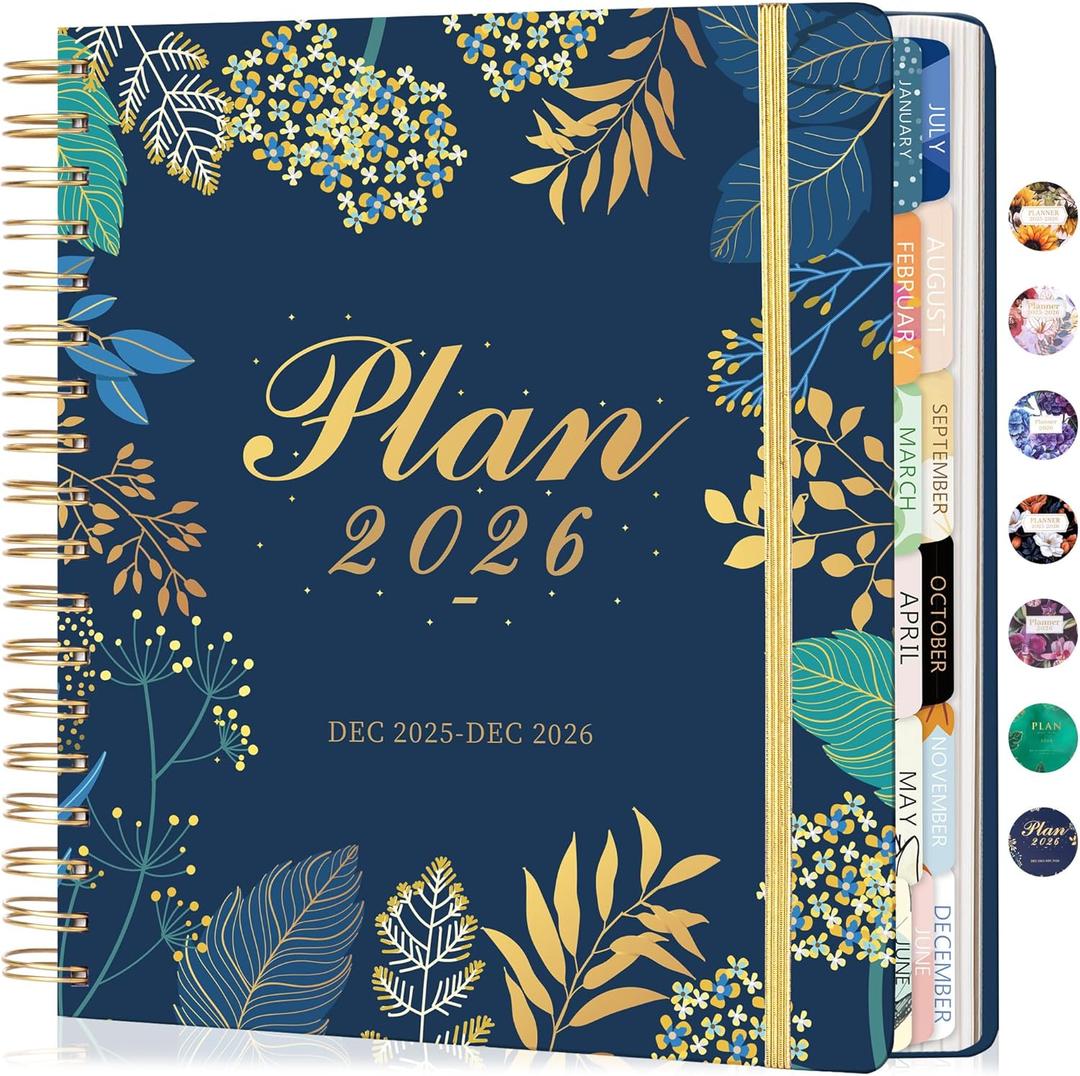 CAGIE 2026 Planner Weekly and Monthly, Jan-Dec 2026 8.3 x 9.3 Inch Hardcover Spiral Bound, 13 Tabs and Pocket, Floral Daily Planner for Women, Perfect 2026 Yearly Calendar Planner