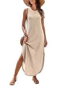 ANRABESS Women Maxi Dress Summer Casual Loose Sleeveless Sundress Coverup Beach Eyelet Dresses 2026 Vacation Travel Outfits Medium Khaki
