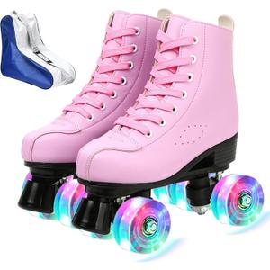 XUDREZ Women's Men's Cozy PU Leather High-Top Skates for Beginner with Double-Row PU Wheels - Professional Indoor Outdoor Skates (Pink Flash,37) 