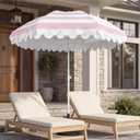Funsite 6.5Ft Classic Beach Umbrella with Fringe, Scalloped Patio Umbrella with Push Button Tilt, UPF50+ Portable Outdoor Umbrellas for Garden Lawn Pool, Carry Bag, Pink White Stripe