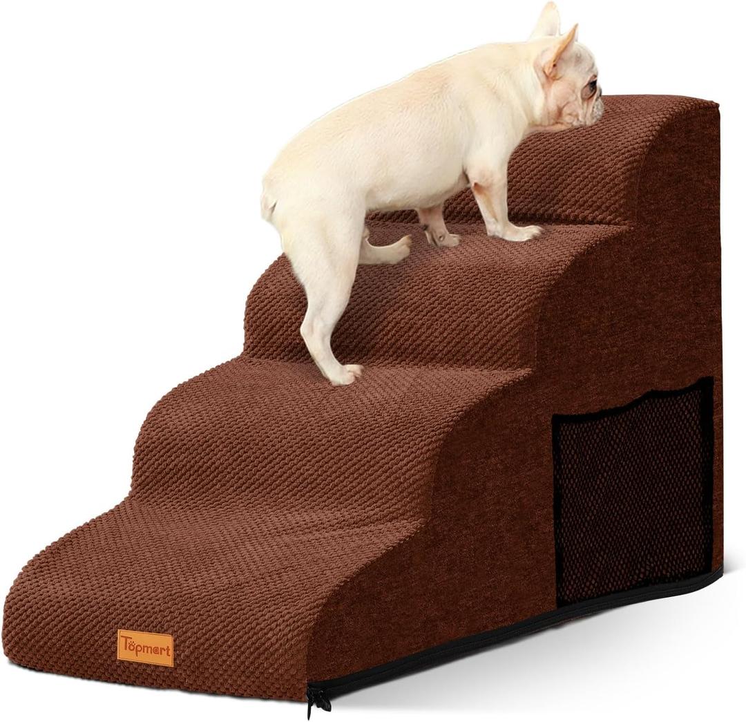 Dog Stairs for Small Dogs,4-Step,Foam Dog Steps&Ramps for Couch/High Beds with Waterproof &Removable Cover, Non-Slip,Brown