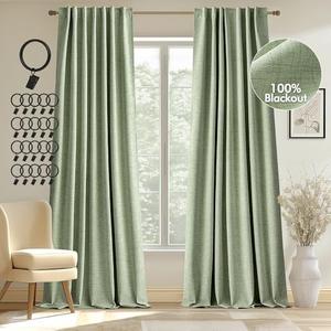 MIULEE 100% Blackout Curtains 72 inches Long, Linen Curtains & Drapes for Bedroom Back Tab Black Out Window Treatments Thermal Insulated Room Darkening Rod Pocket, Sage Green, 2 Panels