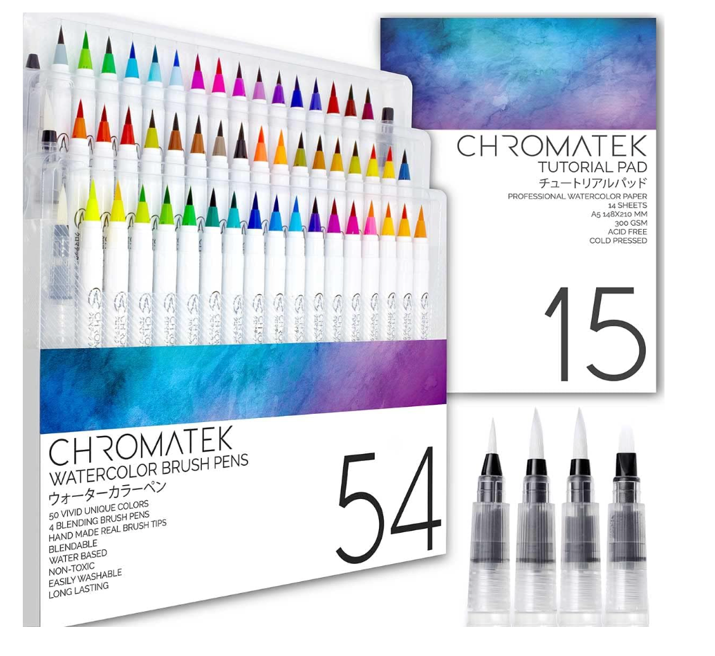 CHROMATEK 54 Watercolor Pens Set | Including 15 Page Pad & Online Video Tutorial Series | 4 Aquapens & 50 Unique Colors | Brush Pens | Easily Blendable, Vivid, Smooth | Professional Art Supplies