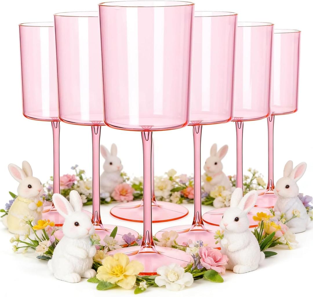 Ciaell 12 Pack Pink Plastic Wine Glasses - 10 Oz Disposable Wine Glasses with Stem for Parties & Weddings & Poolside & Outdoors & Camping & Easter