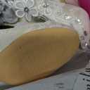 Emily Bridal Wedding Shoes Women's Silk Like Satin Chunky Heel Pumps with Stitching Lace Flower Crystal Pearl (5, Ivory)