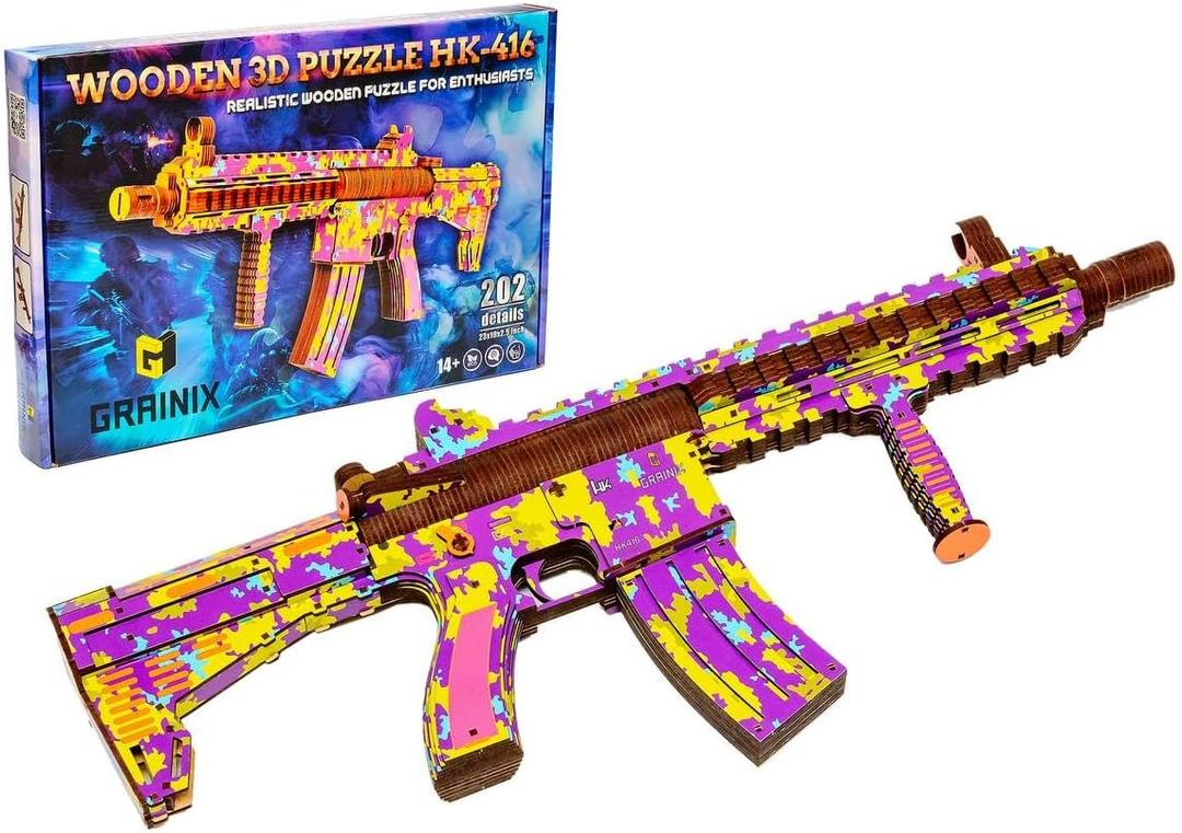 HK-416 Wooden 3D Gun Puzzle Kit  DIY Colorful Rubber Band Gun Model with 202 Details, Creative Wooden Model Building & Assembly Kit for Adults & Hobbyists