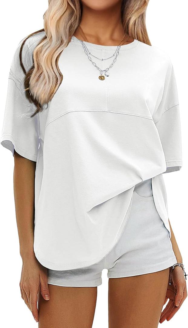 EXLURA Womens Summer Oversized T Shirts Beach Vacation Outfits 2025 Loose Workout Short Sleeve Tops Y2K Casual Basic Tee (Medium), White