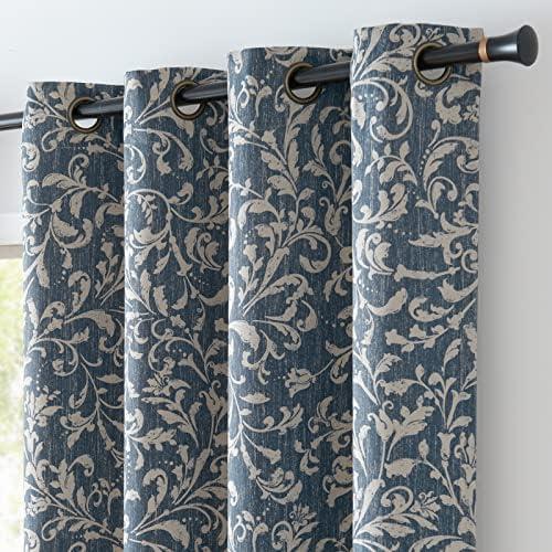 jinchan 72 inch Curtains for Bedroom, 80% Blackout Farmhouse Drapes with Scroll Floral Patterned for Living Room, Grommet Top Thermal Insulated Curtains, Vintage Country Drapes 2 Panels, Blue