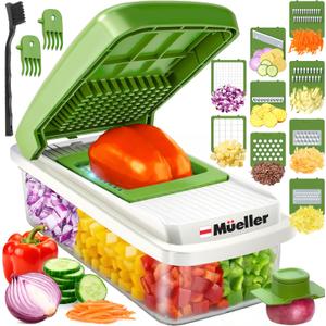 Mueller Vegetable Chopper 9 Blade, Mandoline Slicer, Food Veggie Chopper, Cheese Grater, Onion Vegetable Cutter with Container, Dicer, Kitchen Gadgets & Essentials, White Sand/Green