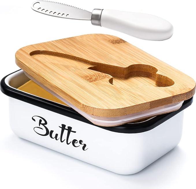 Butter Dish with Lid: Butter Dish for Countertop- AISBUGUR Metal Butter Keeper with Stainless Steel Multipurpose Butter Knife,Large Butter Container with Silicone Home Decor Kitchen Gift White