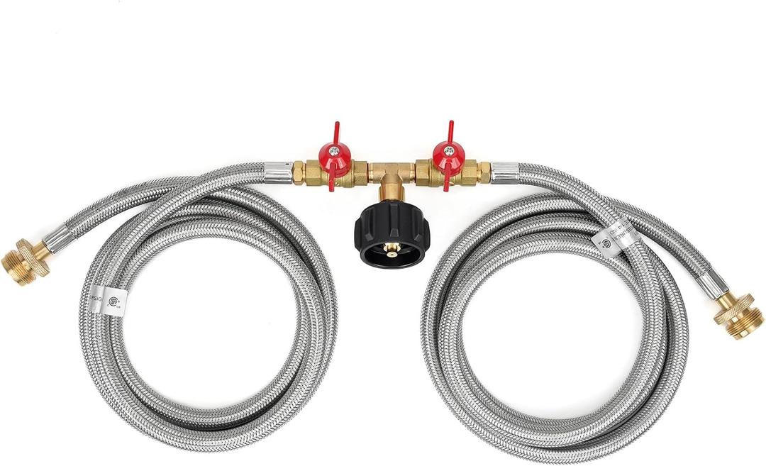 Stanbroil 5 Feet Stainless Braided Propane 2 Way Splitter Adapter Hose with Shut Off Valve Perfect for Camping, Heater, Grill, Stove