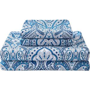 Softan Blue Twin Size Sheet Set, Paisley Printed Bed Sheets for Single Bed, 3-Piece Microfiber Fitted Sheet with 15" Deep Pocket & Non-Slip Straps, Patterned Bedding Sheets & Pillowcase Set