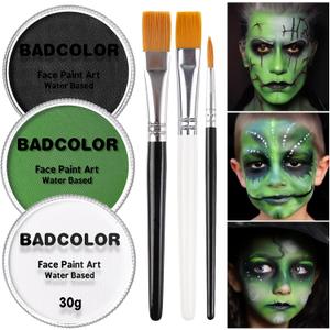 White Black Green Face Body Paint with Painting Brushes Halloween Makeup Set, Water Based Facepaint for Kids Adults Party for Witch Shrek Alien Grinch Hulk Costume Cosplay Special Effects Make Up