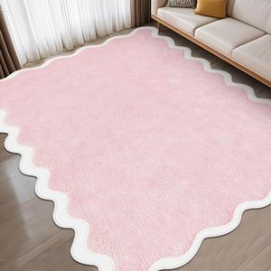 Drydiet Pink Scalloped Area Runner Rugs 4' x 6' Aesthetic Soft Bedroom Washable Carpet for Nursery Bedroom Decor Hallway Entryway Playroom