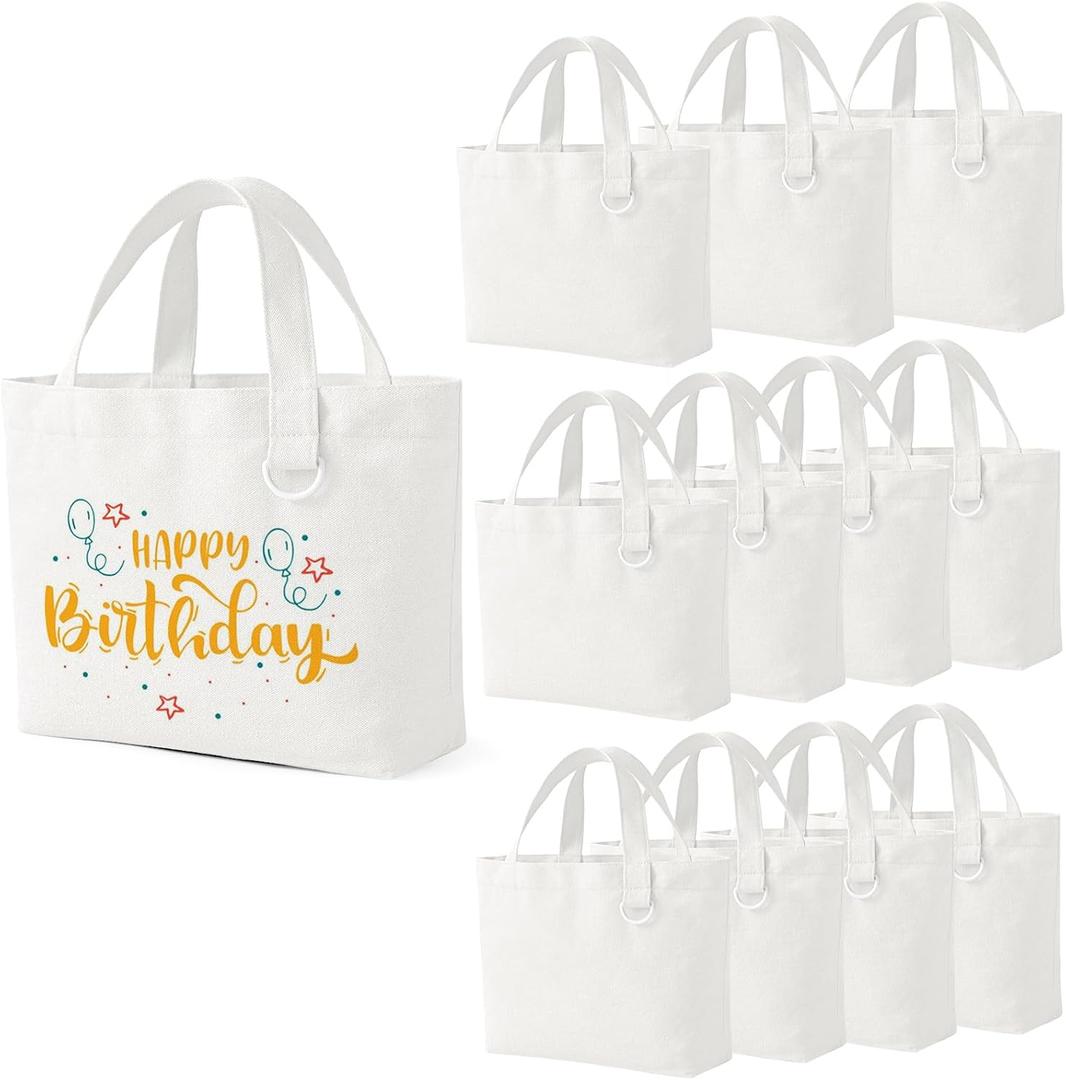 12 Pack Small Canvas Tote Bags, Mini Tote Bags Bulk for Women, DIY Blank Reusable Cute Sublimation Tote Bag with Handles & D Ring for Lunch, Grocery, Party Favors, Wedding Gifts & Crafts