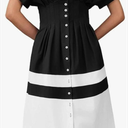 Wenrine Womens Summer Button Down Shirt Dress Casual Color Block V Neck Short Sleeve Corset Maxi Dresses Black Size S