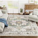Eleisa 8x10 Area Rug Washable Rugs for Living Room, No Pile Boho Carpet for Entryway Bedroom Dinning Room, Vintage Carpet Print Distressed Non-Slip, 8 x 10 ft, Grey Brown