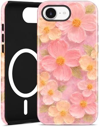 Jusy Compatible with MagSafe Floral Case for iPhone 14 Pro, Aesthetic Oil Painting Flower Magnetic Phone Case, Soft TPU and Hard PC Protective Cover for Women Girls (Shiny) - Pink Flower