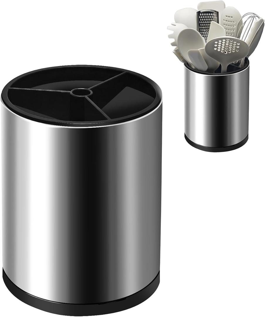 Stainless 360 Rotating Kitchen Utensil Holder Large Counter Utensil Caddy Cooking Spoon Stand Spatula Cutlery Metal Utensil (Silver)