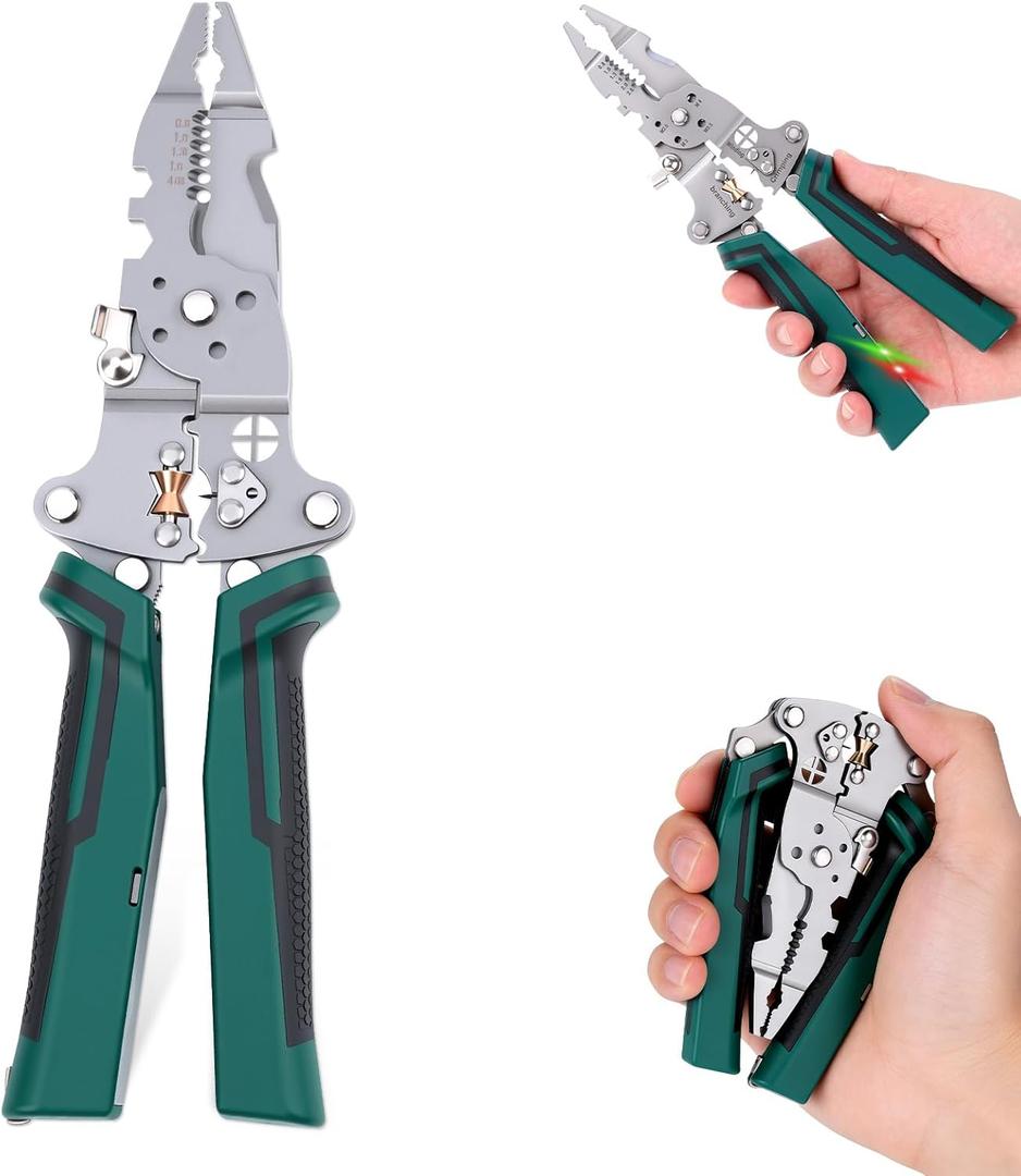 Multi-Function Foldable Wire Stripper with Voltage Tester, 8 in 1 Wire Stripper with Voltage Tester,Professional Foldable Multi-Tool Pliers for Electricians, Strip, Cut, Crimp, Split, Wrap