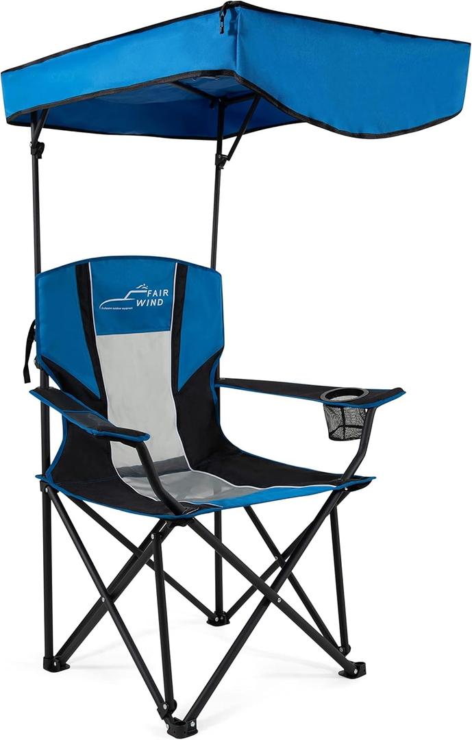 FAIR WIND Oversized Camping Lounge Chair with Adjustable Shade Canopy for Outdoor Sports - Support 350 LBS Heavy Duty Fold Quad Chair Arm Chair (Black Blue)