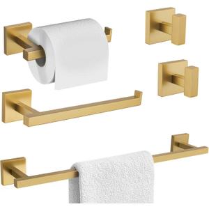 TURS Towel Bar Set Brushed Gold 5-Pieces Bathroom Hardware Set SUS304 Stainless Steel Towel Holder Set 24 Inch Single Towel Bar Wall Mounted