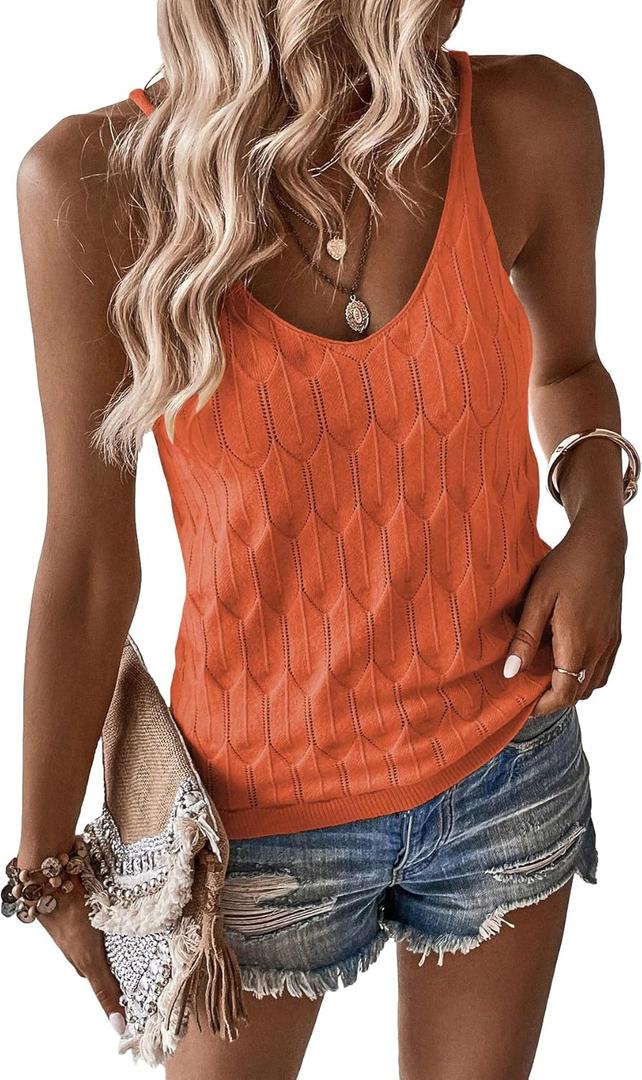 Verdusa Women's V Neck Spaghetti Strap Sleeveless Pointelle Knit Cami Top (X-Large, Orange)