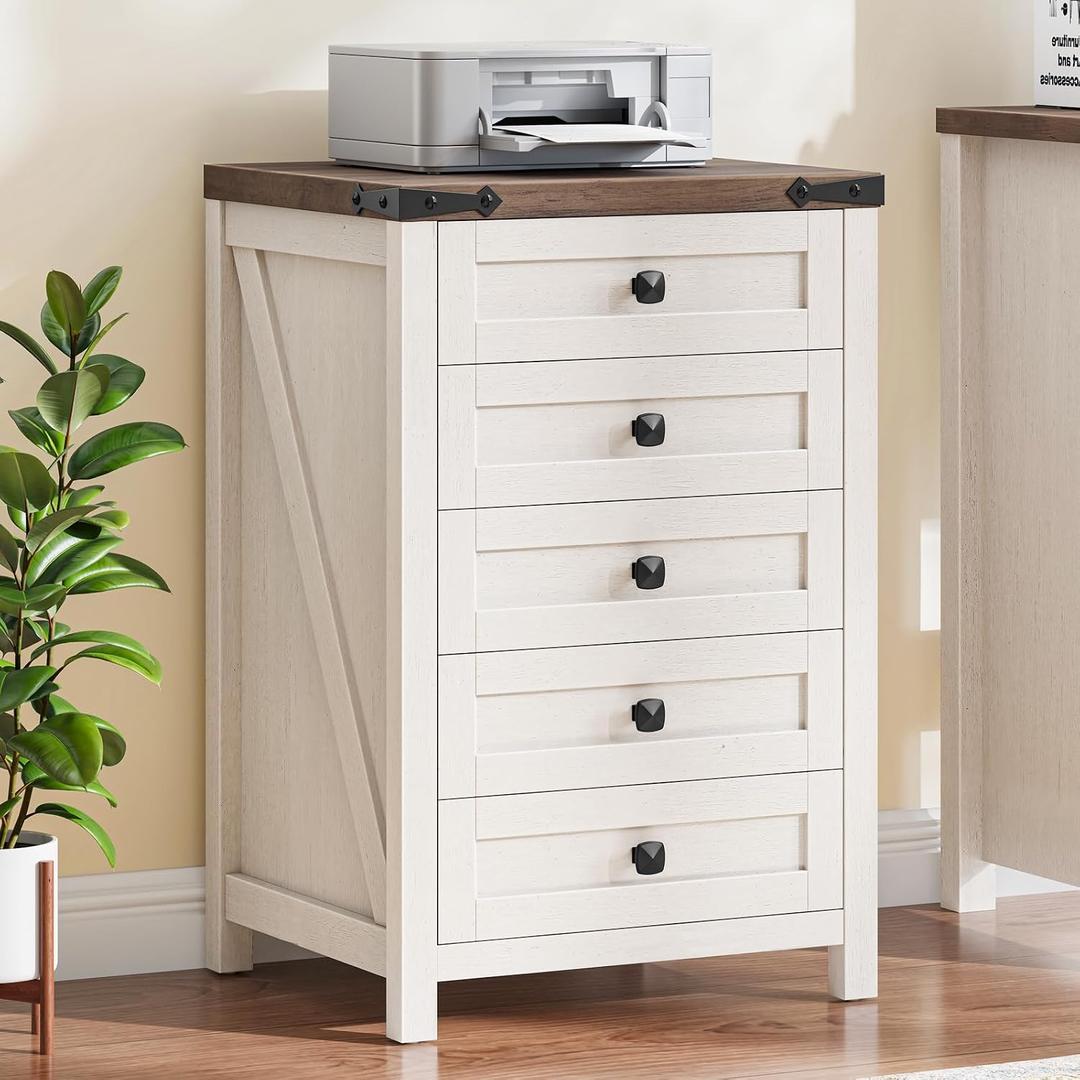 Halitaa 5 Drawer File Cabinet Office Drawers Organizer, Under Desk Cabinets with 5 Drawers, Small Printer Stand for Home Office Storage Craft Room, Rustic White and Brown