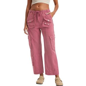 Cargo Pants for Women Low Rise Drawstring Waist 7 Pockets Hiking Work Wide Leg Pants with Zipper Button Closure (Small, Pink)