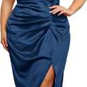 KIMCURVY Women's Plus Size Satin Dress Ruched Spaghetti Strap Cowl Neck Midi Party Cami Dress for Cocktail Party (Navy Blue) 14W
