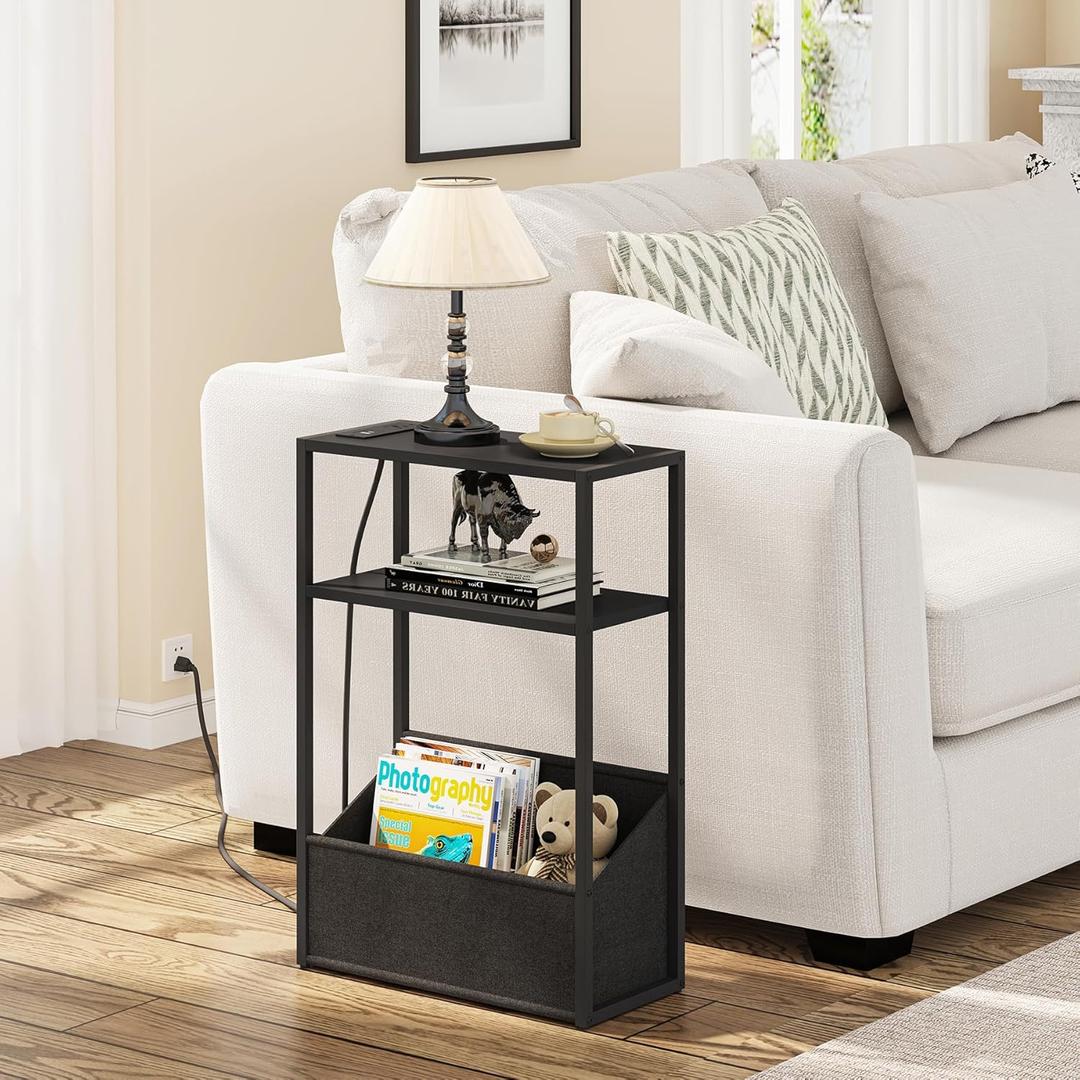 TUTOTAK Narrow Side Table, Small End Table with Charging Station, Nightstand with Fabric Basket, Bedside Table for Small Space, Livingroom, Bedroom Black TB01BK095