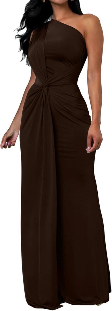 Memoriesea Women's Elegant Sleeveless One Shoulder Bodycon Evening Cocktail Maxi Dress (Large, Brown)