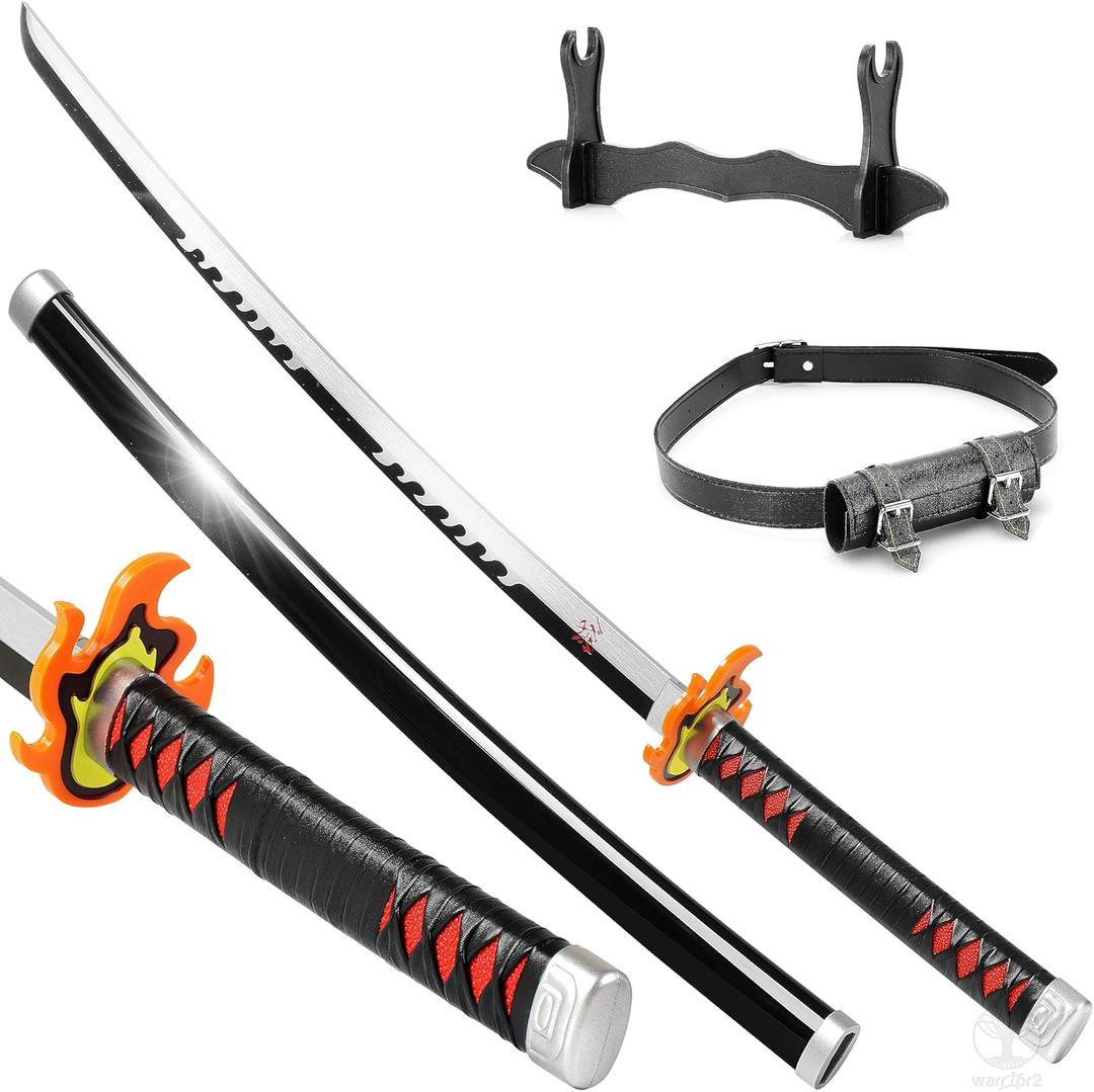 Demon Slayer Sword 41" Full-Set Belt & Stand, Tanjiro Sword Fire Final Form, Wooden Katana for Halloween Prop Costume Anime Cosplay